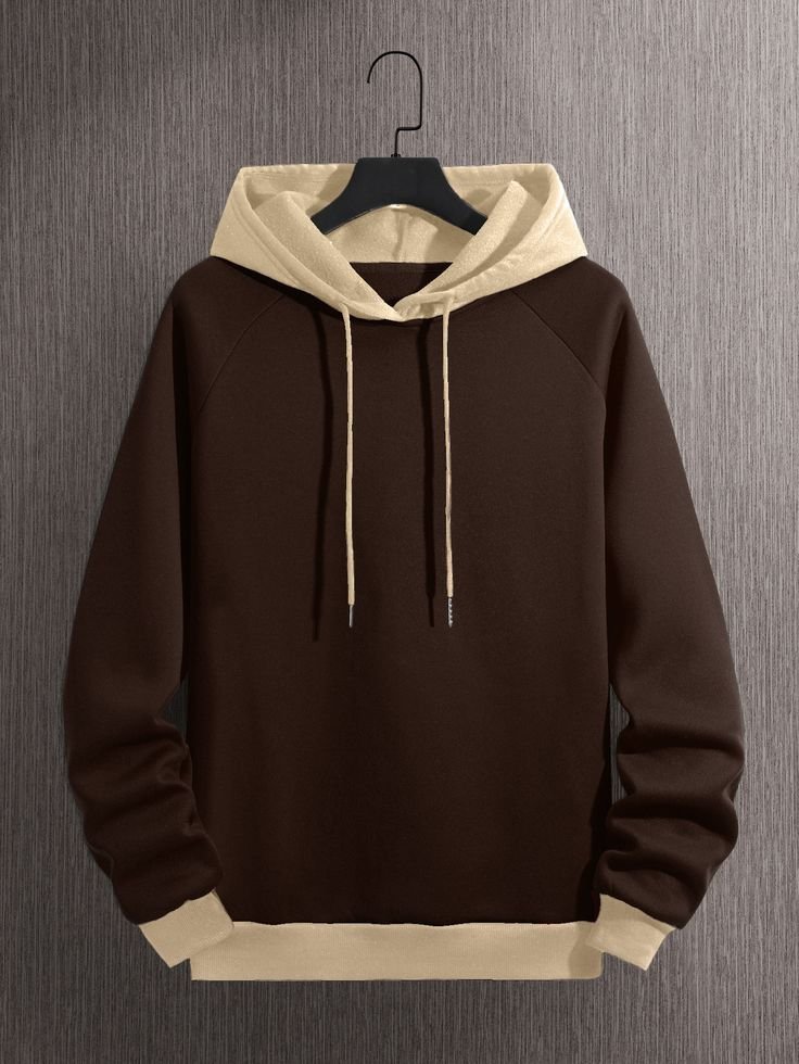 Men Colourblock Thermal Lined Raglan Sleeve Drawstring Hoodie